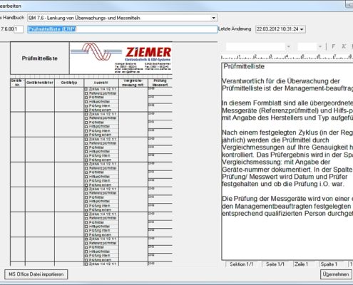 ZIEMER Elektro Software SCC-QM Formblatt Pruefmittelliste