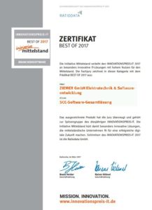 ZIEMER Innovationspreis 2017 BEST OF Zertifikat